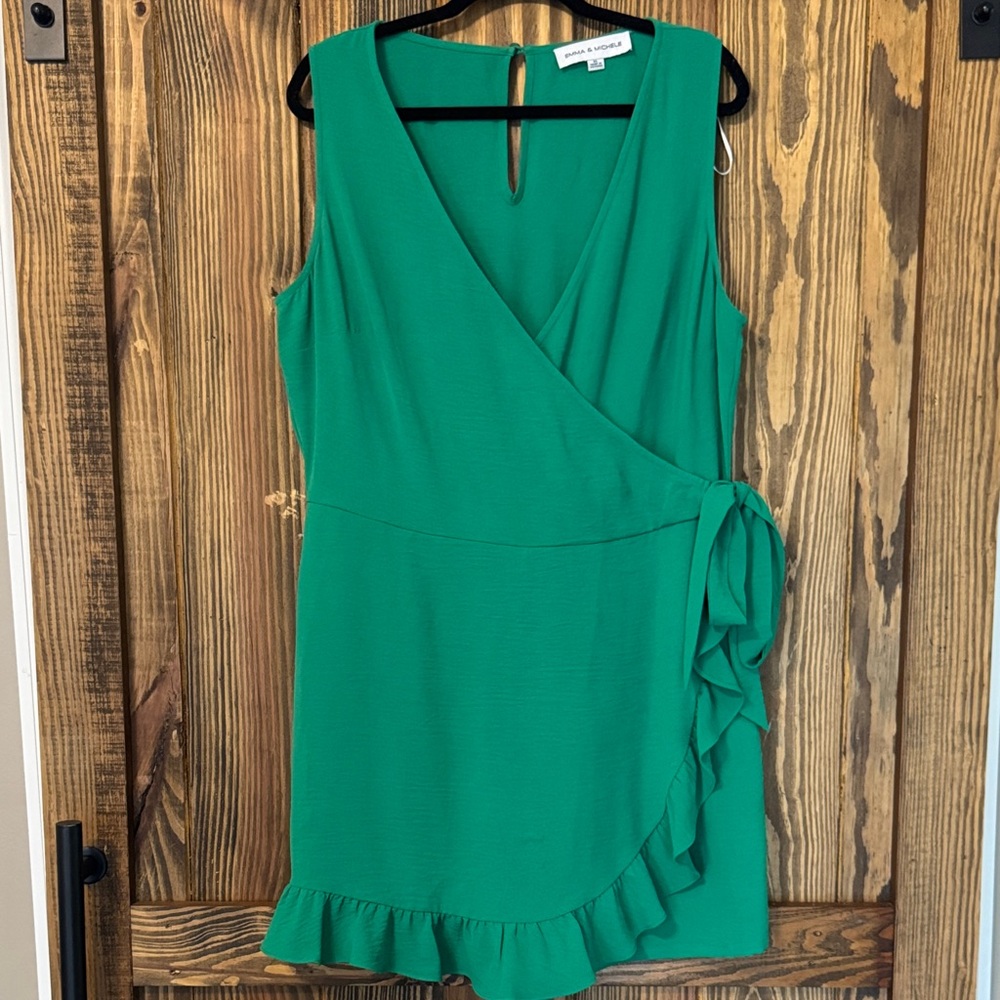 Emma & Michele Green Wrap Ruffle Mini Dress